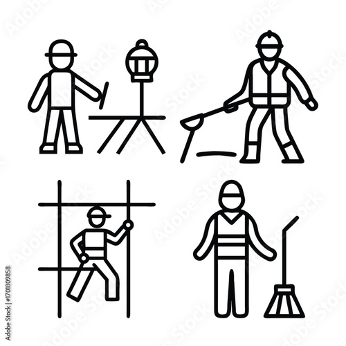 A set of four simple line art icons depicting construction and maintenance workers performing various tasks like building, cleaning, and working at heights.