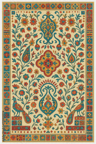 Moroccan Folk art inspired Carpet with modern Pattern in high definition isolated on white canvas with trending colors
