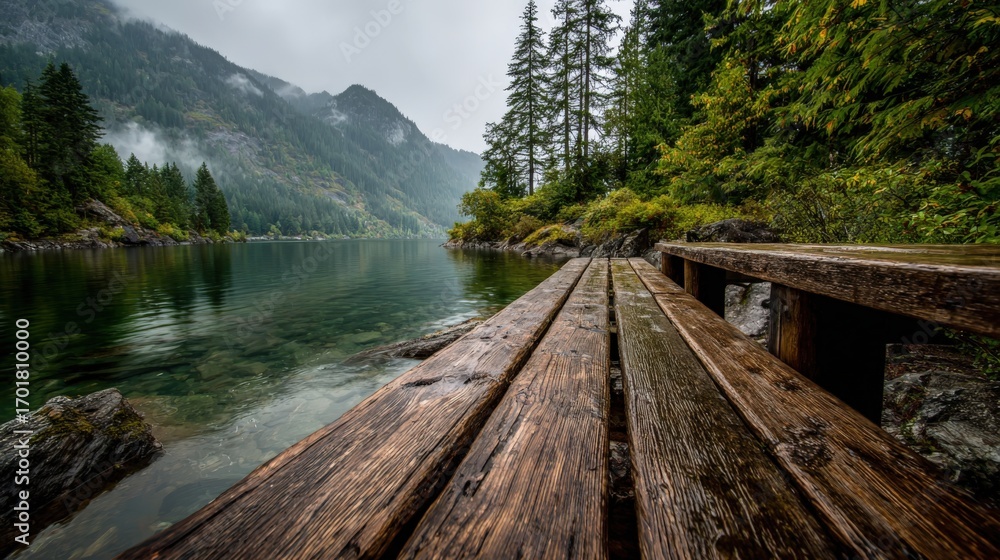 Obraz premium Scenic Mountain Lake View with Wooden Dock, Forest, and Overcast Sky Landscape