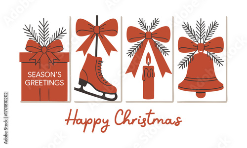 Vintage Holiday Card Set Minimal Line Art Gift Box, Ice Skates, Candle, and Bell with Red Bows, easily editable and scalable.