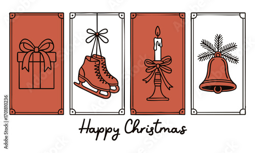 Vintage Holiday Card Set Minimal Line Art Gift Box, Ice Skates, Candle, and Bell with Red Bows, easily editable and scalable.