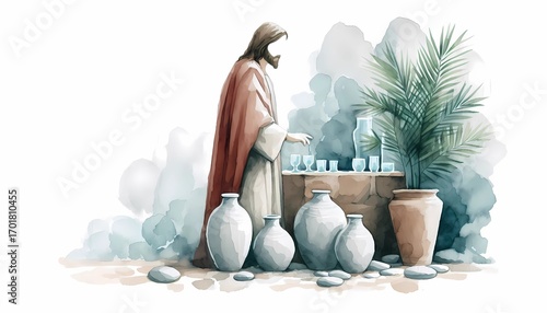 Jesus miracle at cana watercolor illustration of water to wine religious artwork scene