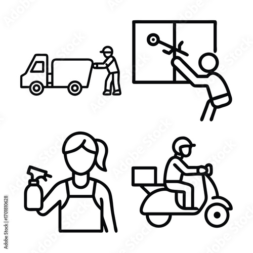 Four simple line art icons depict a delivery truck, window cleaning, a person with cleaning supplies, and a scooter delivery.