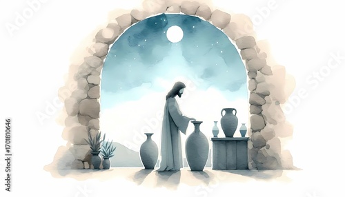 Jesus miracle at cana watercolor painting illustration wedding at cana religious art