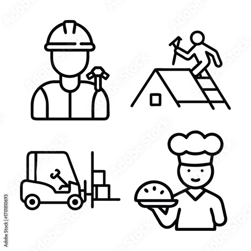 Four distinct line art icons depict a construction worker, roofer, forklift operator, and chef, symbolizing various occupations.