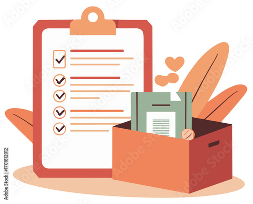 Office documents checklist with archive box, on clipboard with ticks and file box, flat illustration in warm tones with foliage, concept of organization, packing and paperwork management