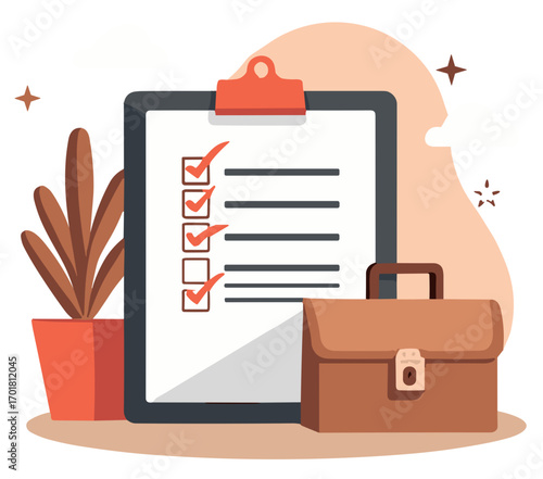 Business checklist on clipboard, with ticks beside briefcase, flat illustration with warm accents and plant, concept of productivity, planning and task management, organized workplace vibe