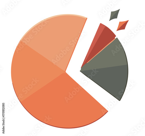 Exploded pie chart illustration, exploded pie chart with detached slices and minimal pastel style, concept of analytics, data visualization and market share, clean modern infographic element