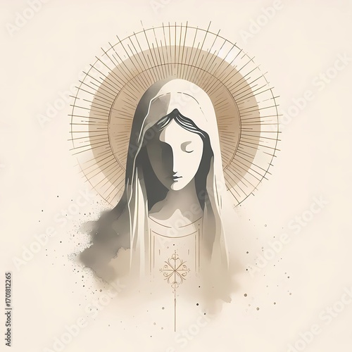 Virgin mary illustration religious art print catholic mother of jesus graphic design