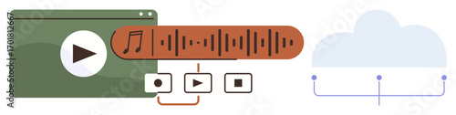 Media player interface with audio waveform, playpause buttons, and a cloud icon. Ideal for streaming, cloud storage, technology, app design, multimedia music video. Minimalist flat metaphor