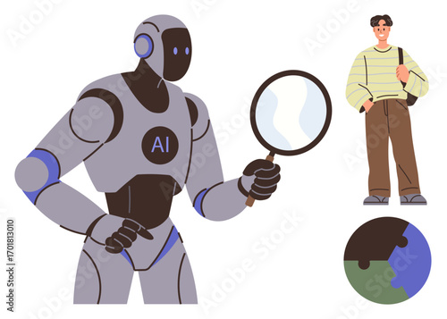 AI robot holding magnifying glass scrutinizing data and human, global puzzle piece symbolizing collaboration. Ideal for AI research, innovation, technology, ethics, relationships, data analysis
