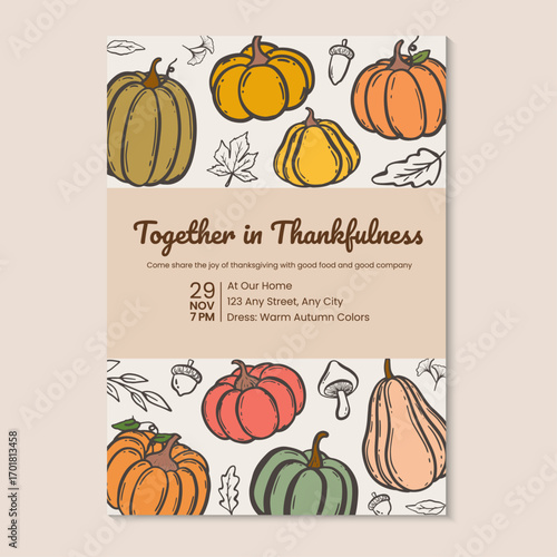 Thanksgiving dinner invitation template with colorful hand-drawn pumpkins and autumn leaves. Vector illustration hand drawn thanksgiving dinner invitation template.