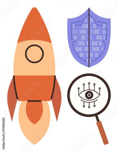 Rocket symbolizes progress, shield with binary code focuses on cybersecurity, magnifying glass with eye emphasizes observation. Ideal for innovation, technology, security, progress, exploration