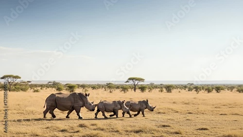 Wallpaper Mural Rhinos Roaming in Savanna: A majestic rhino family gracefully traverses the vast expanse of an African savanna under a clear sky, showcasing the harmony of wildlife in their natural habitat. Torontodigital.ca