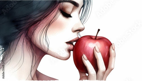 Illustration of woman with apple snow white fairy tale art digital painting style