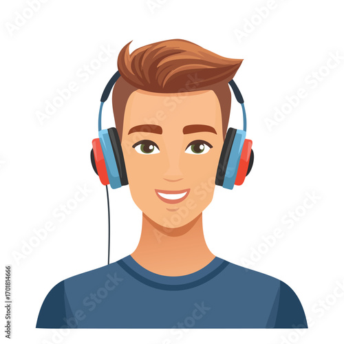 Smiling Male Gamer with Brown Hair and Headphones - AI Generated
