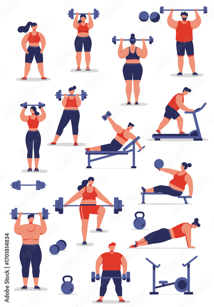 Obraz premium Fitness enthusiasts working out with weights and gym equipment. Suitable for health and wellness promotions, gym advertisements, and fitnessrelated social media content.