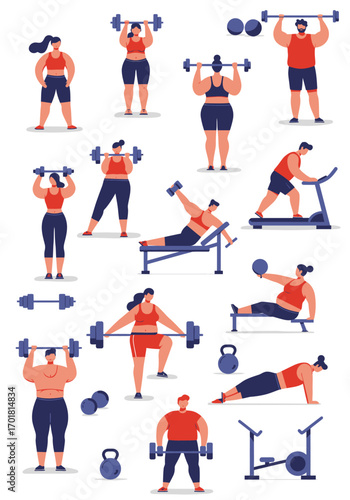 Fitness enthusiasts working out with weights and gym equipment. Suitable for health and wellness promotions, gym advertisements, and fitnessrelated social media content.