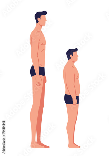 Two friends of contrasting heights  tall and thin beside shorter and overweight. Concept for friendship, diversity, body positivity.