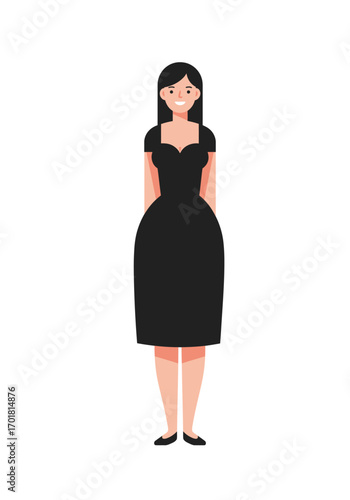 Smiling woman in a simple black dress suitable for fashion blogs, websites, advertisements, social media posts, and business presentations.