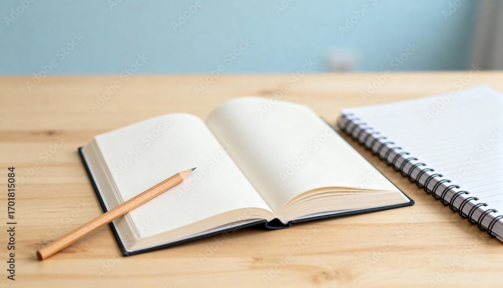 Fototapeta premium Open Notebook with Blank Pages and Pencil on a Wooden Desk Ready for Writing