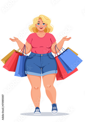 Smiling woman with shopping bags on a white background, suitable for retail, fashion, consumerism, happy shopping, and commercial concepts.