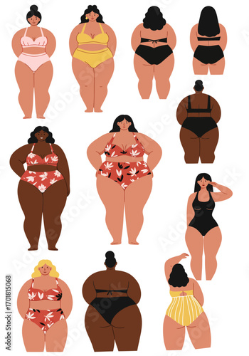 Ten diverse plus size women in swimsuits, suitable for body positivity campaigns, diversity and inclusion promotions, and swimwear advertisements.