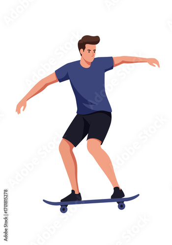 Man skateboarding on a blue skateboard on a white background. Suitable for sports and recreational themes in advertising, design, and web content.