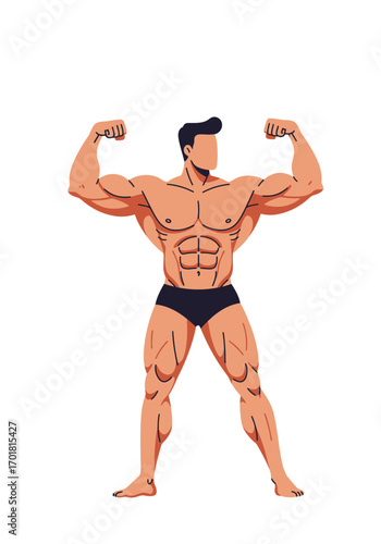 Bodybuilder flexing muscles on white background. Suitable for fitness, health, sports, and powerrelated designs or advertisements.
