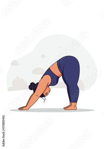 Woman practicing downward dog yoga pose silhouette, ideal for fitness, wellness, yoga, meditation, health website banners and social media posts.