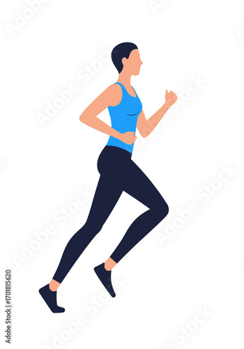 Woman in blue top and black leggings running. Suitable for fitness or active lifestyle promotions. Fitness blog, magazine, or advertisement.