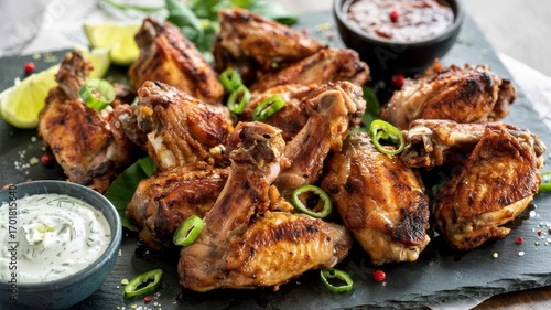 Caribbean jerk chicken wings with caramelized glaze on slate board served with cooling yogurt dip and fresh lime wedges for authentic island flavor