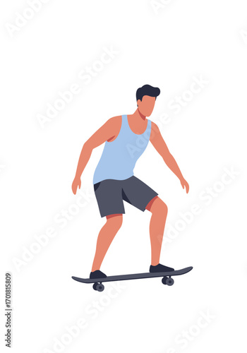 Man skates smoothly in a light blue tank top. Suitable for lifestyle, sport, and urbanthemed concepts needing a carefree vibe.