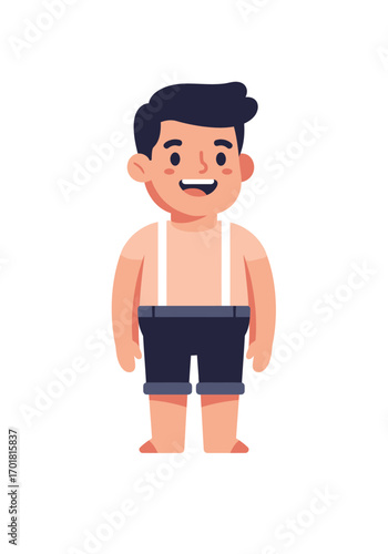 Smiling boy in suspenders and shorts suitable for summer or childrens wear concepts, positive emotions, joy, happiness, and childhood memories.