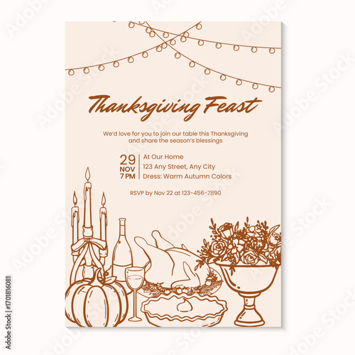 Thanksgiving feast invitation template with hand-drawn foods and string lamps. Vector illustration hand drawn thanksgiving dinner invitation template.