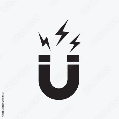 magnet silhouette vector illustration with lightning bolts, magnetic force icon, simple physics energy symbol isolated on white background.