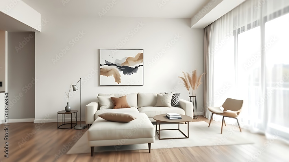 Fototapeta premium Scandinavian-inspired living space with neutral tones and abstract art, radiating modern comfort.