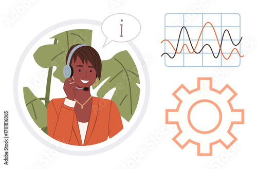 Smiling agent with headset communicates, surrounded by analytics chart, gear icon, and plant background. Ideal for customer service, support, teamwork, communication, technology analytics