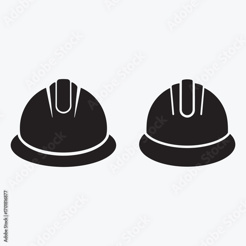 a collection of two builder's helmet vector icons, one filled silhouette and one outline style, for engineering and construction safety concepts..