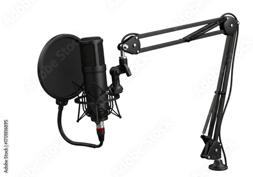 Illustration of professional microphone with pop filter and arm isolated on transparent background