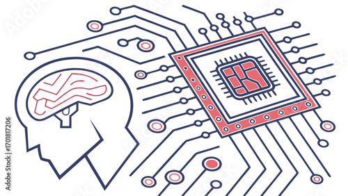 Abstract AI technology illustration featuring brain and circuit board design, symbolizing fusion of human intelligence and machine learning