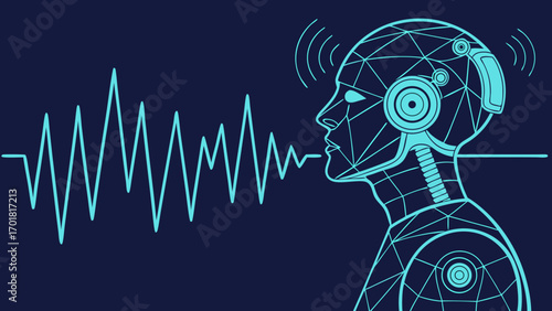 Abstract AI voice agent or robot launching over sound waves, showcasing futuristic design with geometric patterns and sound visualization