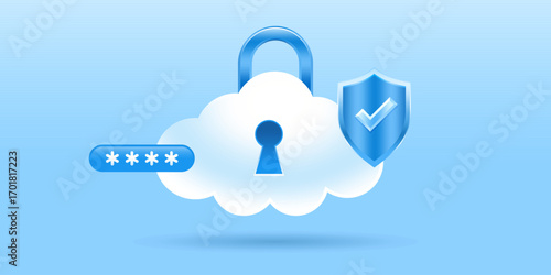 Cyber Security, 3D cloud and data under protection. Cybersecurity, antivirus, encryption, data protection. Software development. Safety internet technology. Computer digital padlock hologram
