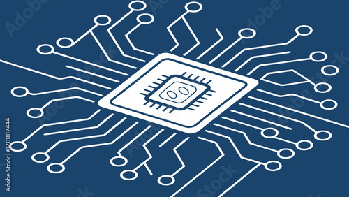 Abstract AI chip on technology blue background, showcasing intricate circuit patterns and connections, evokes sense of innovation and advancement