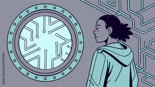 Person gazes through circular portal, observing intricate circuit patterns. scene conveys sense of curiosity and wonder in futuristic setting