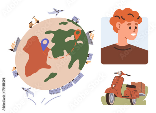 Globe with transportation modes, location pins, person portrait, and delivery scooter symbolizing travel, logistics, and connection. Ideal for shipping, global delivery, travel communication