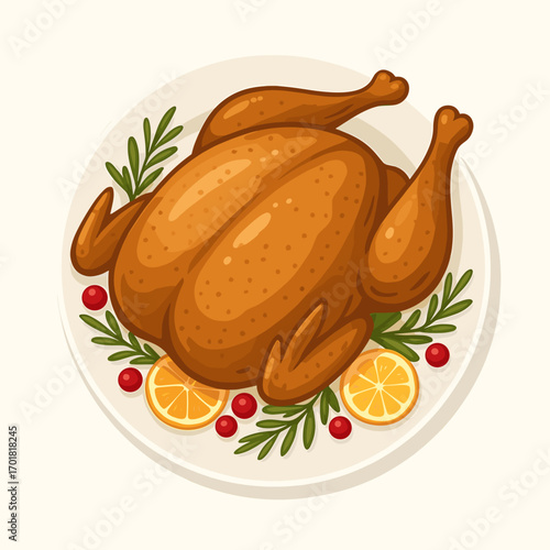 Roasted Chicken Thanksgiving Dinner Festive Food Illustration