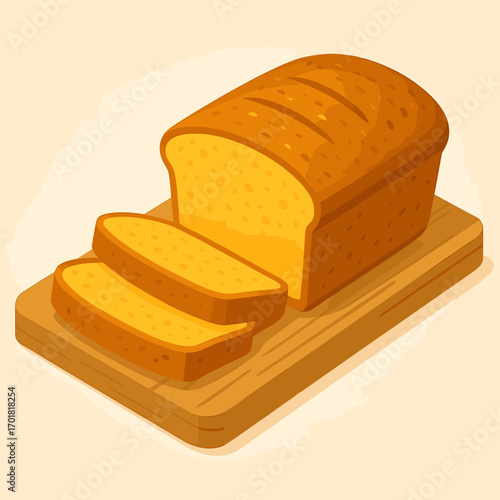 Sliced Loaf of Bread on Wooden Cutting Board - Isometric Illustration
