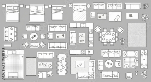 Top View Furniture Icons Collection Home Interior Design Elements Floor Plan Flat Lay