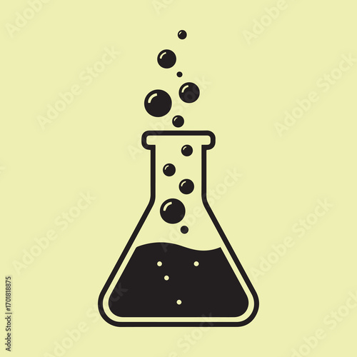 A simple black and white vector illustration of a chemical flask with bubbling liquid, representing a scientific experiment or research concept